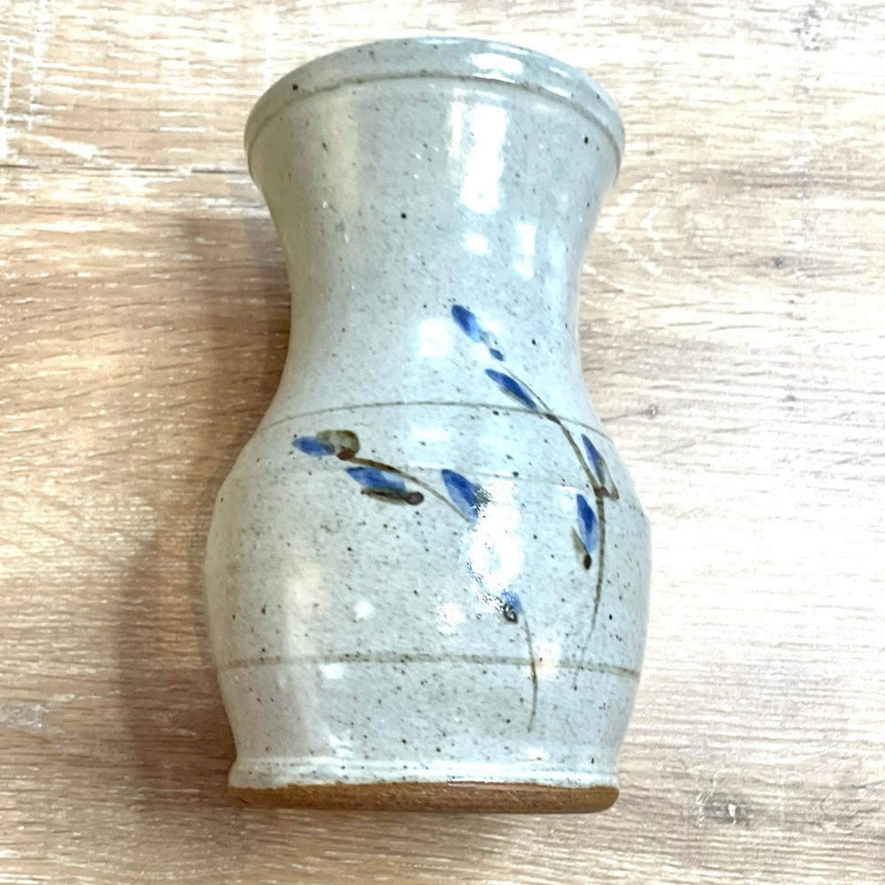 Vase - pottery / stone / ceramic - floral motif - grey and blue flowers - decor